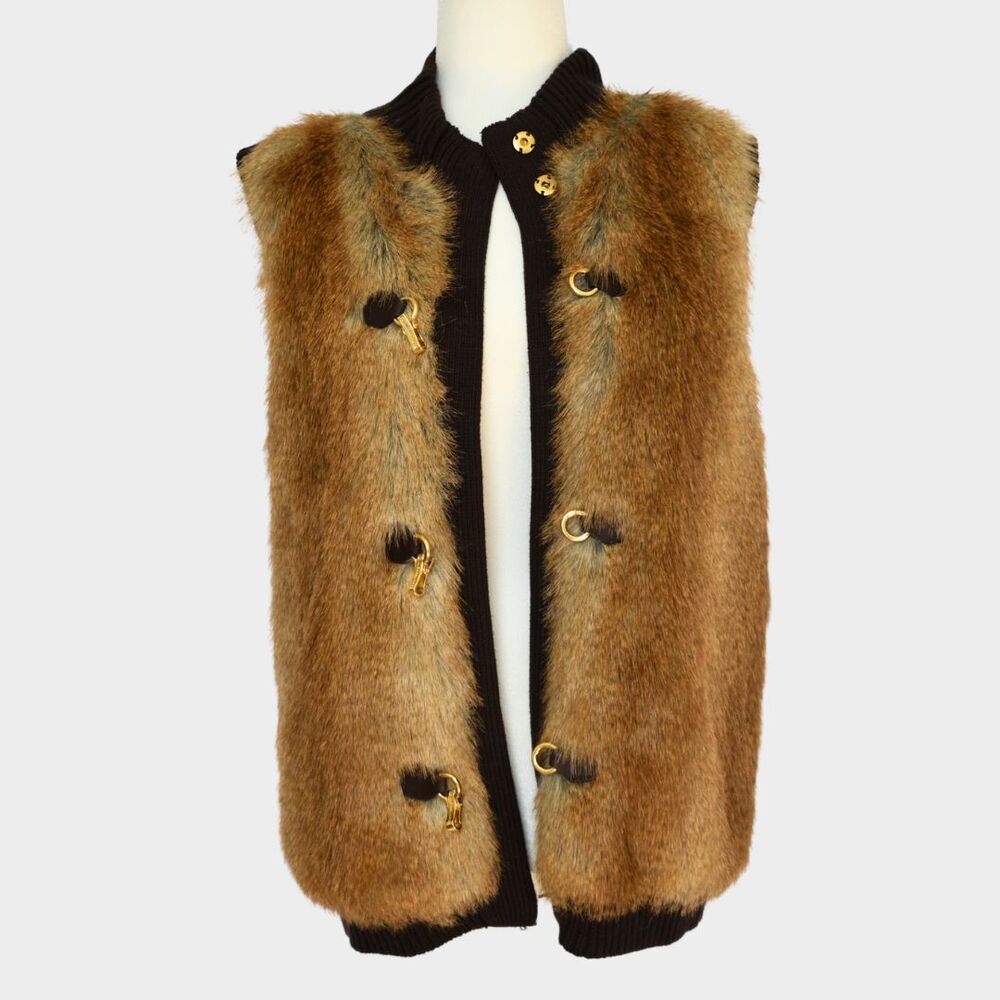 MICHAEL KORS Women's Faux Fur Sweater Vest Gold Buckle Closures Size M - Picture 2 of 9